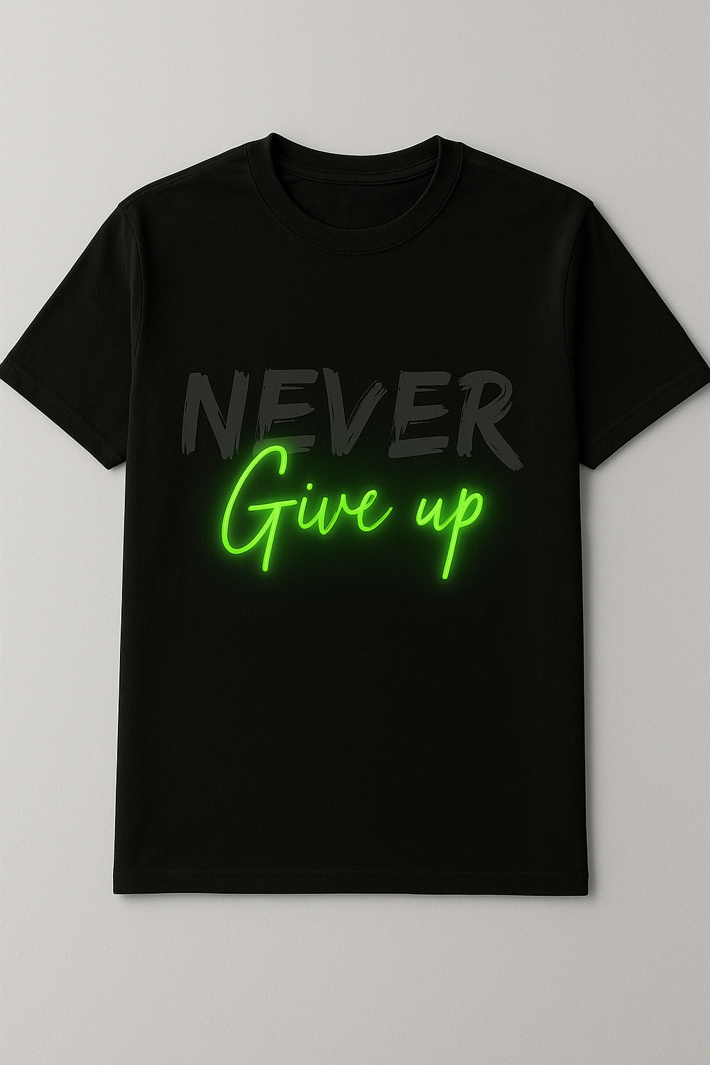 Black “Never Give Up” Neon Green Graphic T-Shirt