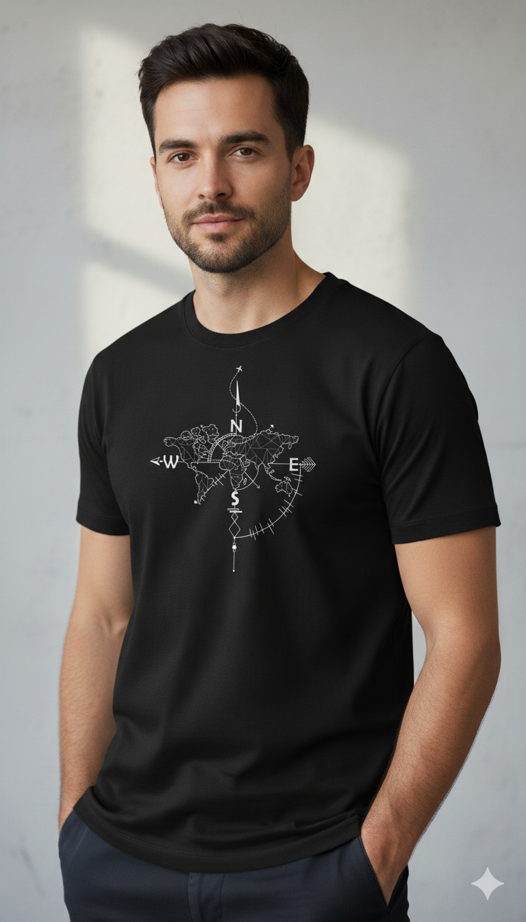 Black World Map Compass Graphic T-Shirt – Travel Edition