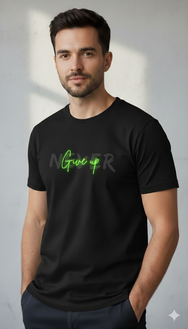 Black “Never Give Up” Neon Green Graphic T-Shirt