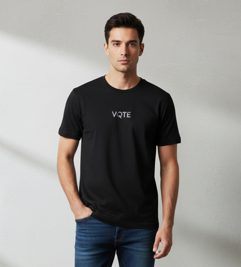 "Unisex Black Cotton T-Shirt with ‘VQTE’ Print – Casual Round Neck Tee"